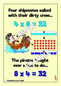 The 4x8 and 8x4 Times Table Rhyme is about pirate shipmates (8) and their dirty crew (32) who fought (4) over what to do (32). There are also often numbers in the illustrations for each Rhyme. For example… …on the pirate ship, number 32 is etched.