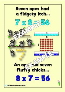 Seven apes had a fidgety itch... 7 x 8 = 56 An ape had seven fluffy chicks... 8 x 7 = 56