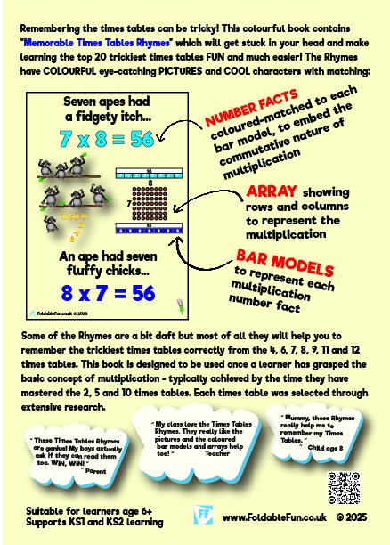 A picture illustrating a times tables rhyme for 7 x 8 = 56 and 8 x 7 = 56. It explains NUMBER FACTS, ARRAYS AND BAR MODELS. It also contains feedback from customers and the website and QR to Foldable Fun's Linktree