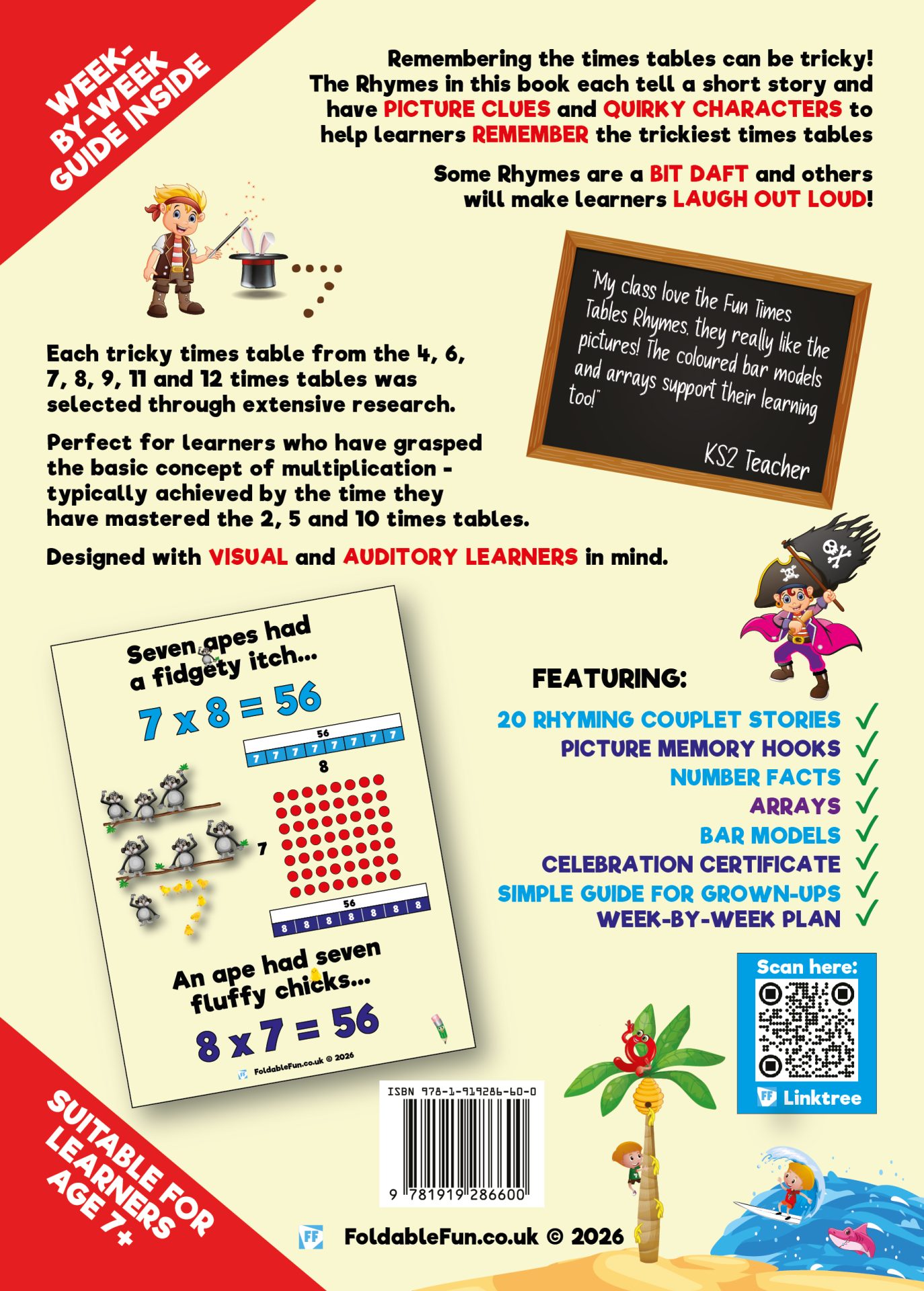 A picture illustrating a times tables rhyme for 7 x 8 = 56 and 8 x 7 = 56. It explains NUMBER FACTS, ARRAYS AND BAR MODELS. It also contains feedback from customers and the website and QR to Foldable Fun's Linktree