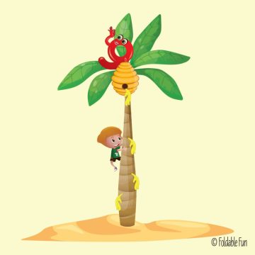 A boy climbing a palm tree with s number 9 and beehive in it.
