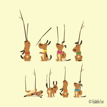 Eight dogs doing tricks with sticks