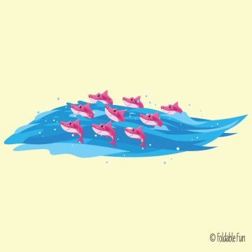 Nine pink sharks in the sea.