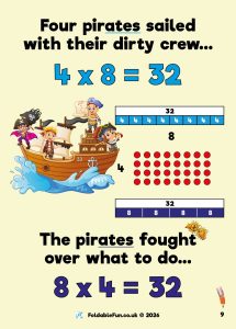 The 4x8 and 8x4 Times Table Rhyme is about pirate shipmates (8) and their dirty crew (32) who fought (4) over what to do (32). There are also often numbers in the illustrations for each Rhyme. For example… …on the pirate ship, number 32 is etched.