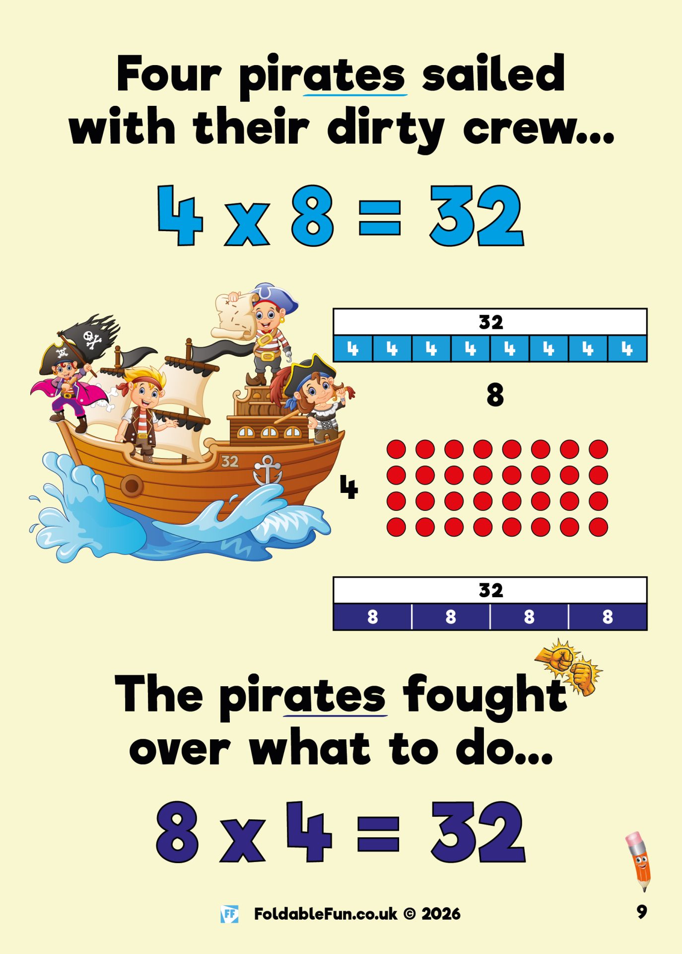 Four pirates sailed with their dirty crew... 4x8=32. The pirates fought over what to do... 8x4=32.